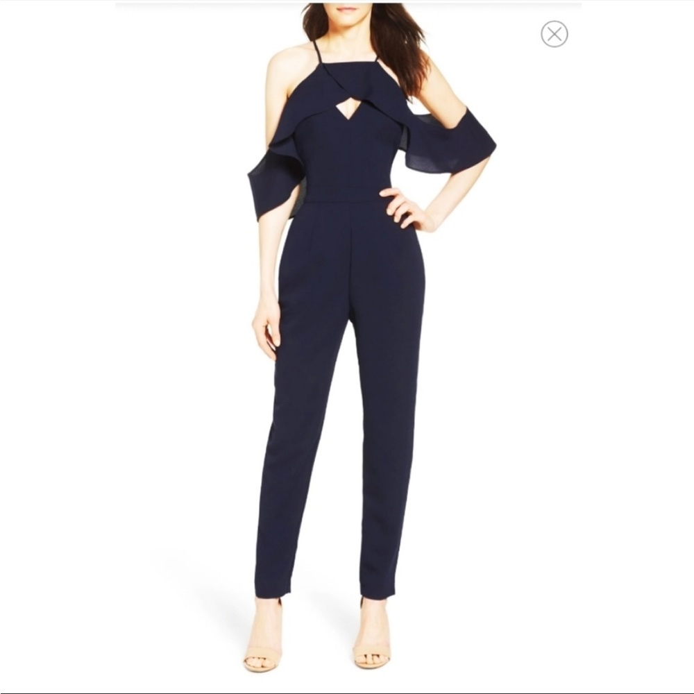 ADELYN RAE NAVY BLUE COLD SHOULDER JUMPSUIT